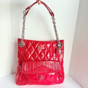 Coach Patent Leather Quilted Turnlock Shoulder Bag Red Silver Chain - 18673